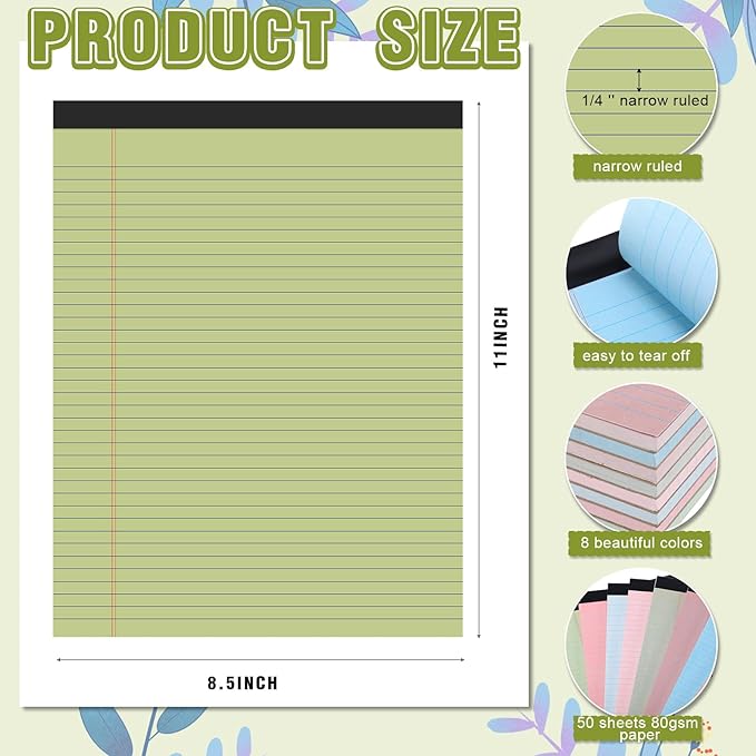 Fuutreo 8 Pcs 8.5'' x 11'' Colored Legal Pad Writing Pads Narrow Ruled 50 Sheets Per Notepad Perforated Writing Notepad Office Supplies for College Office Business (Earthy Color)-DeskLoop Office