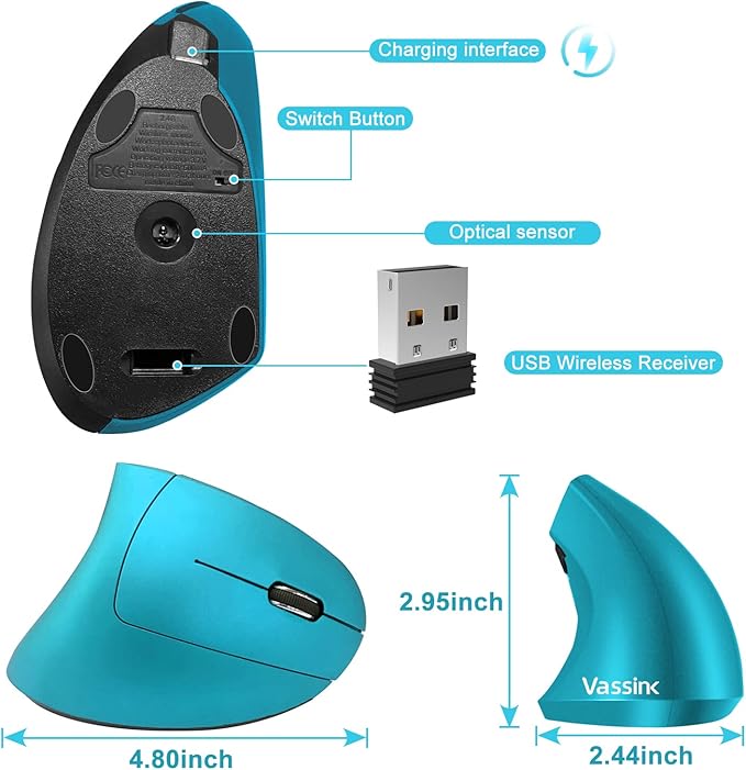 Vassink Ergonomic Wireless Mouse, Rechargeable Mouse 2.4Hz Vertical Wireless Optical Mice with USB Receiver, 6 Buttons for PC,Laptop,etc Blue-DeskLoop Office