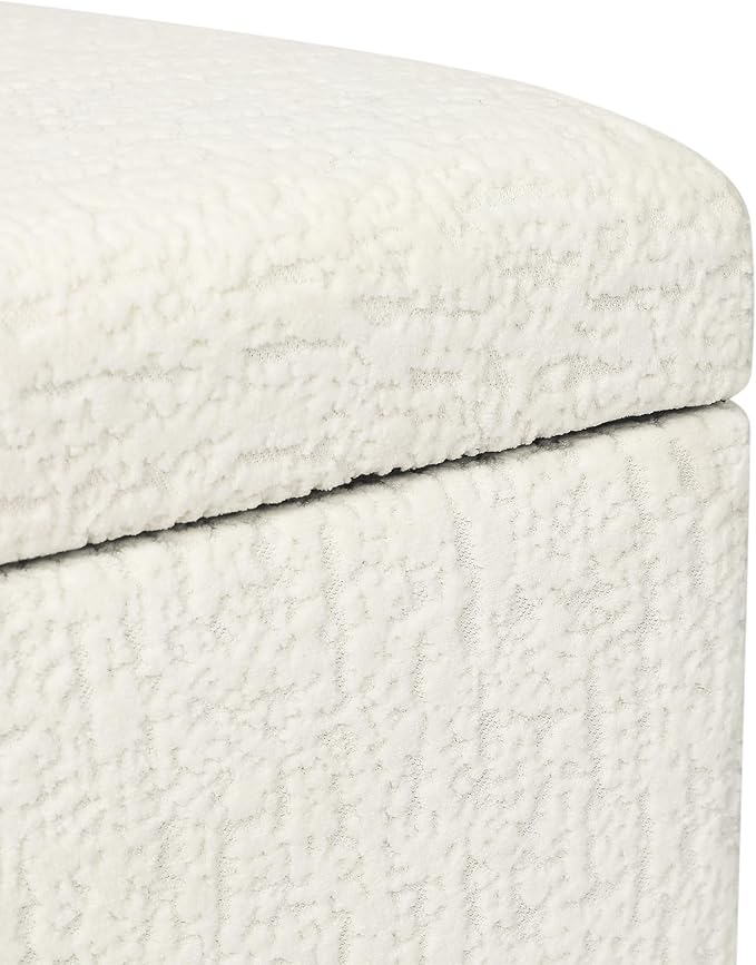 Adeco 18 Inch High Faux Fur White Cube Ottoman Storage, 3D Embossed Velvet Chair Foot Stools, Upholstered Vanity Stool with Hinged Lid, Solid Wood Legs-DeskLoop Office