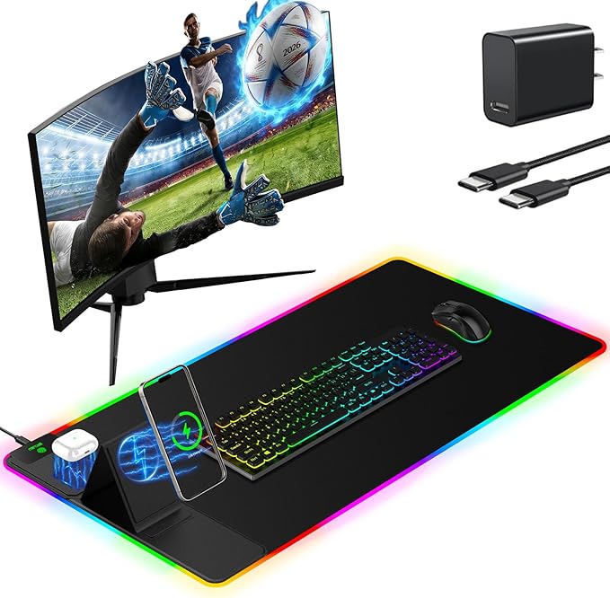 Mouse Pad with Wireless Charger Foldable Phone Holder, XXL RGB Gaming Mousepad by miroddi