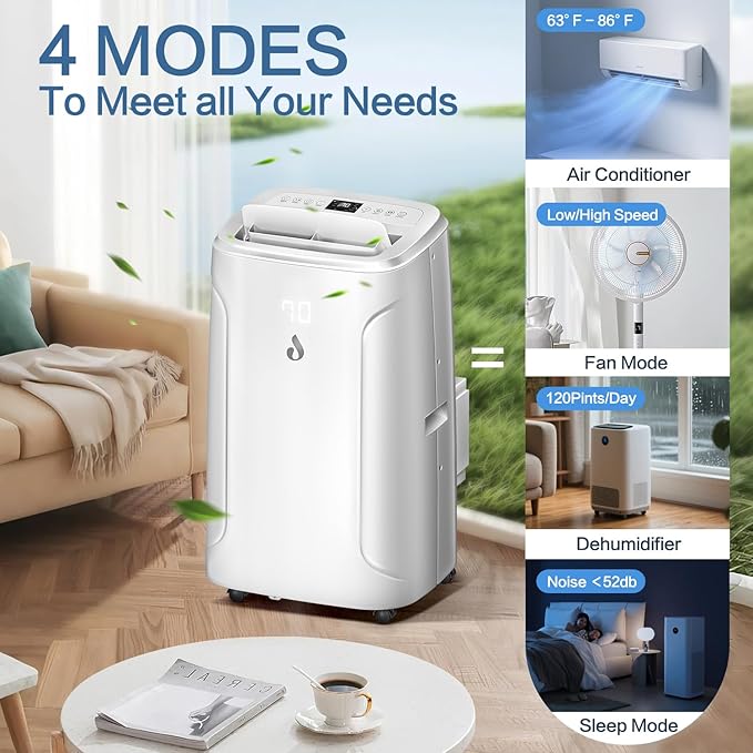 14,000 BTU Portable Air Conditioners, 4-in-1 Air Conditioner with Dehumidifier, Fan, 2 Speeds Cools Room up to 700 Sq.Ft, 24H Timer, Smart Auto-off, Remote Control & Window Kit for Home, Room, Office-DeskLoop Office
