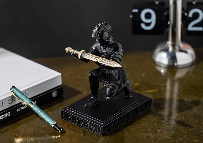 Roman Praetorian Warrior Knight Pen Holder Desk Ornament Resin Pencil Holder Desk Accessories and Organizer For Office with a Letter Opener (Black)-DeskLoop Office