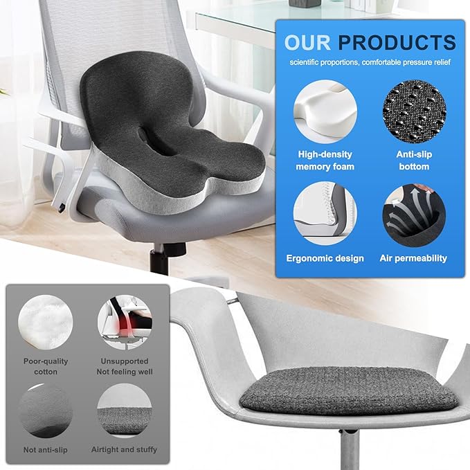 Buttocks Cushion for Office Chair Memory Foam Seat Pad for Butt Support Tailbone Relief Ergonomic Chair Cushion for Home Car Travel or Work (Blue and Gray Patchwork Color)-DeskLoop Office
