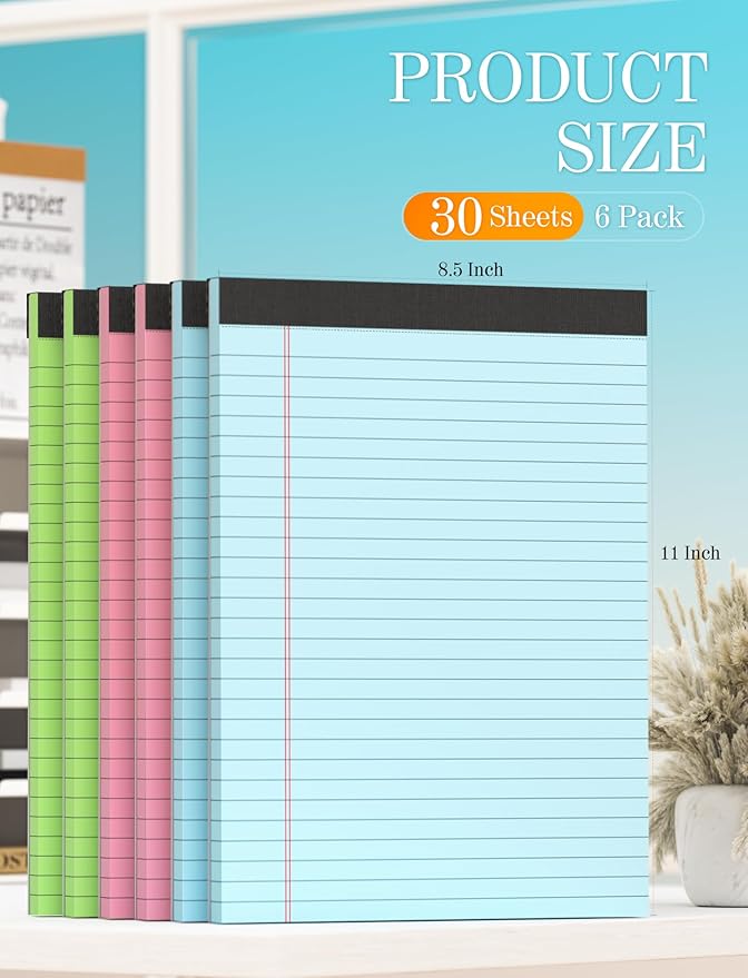 Note Pads 8.5 x 11 Colored Legal Pads 8.5 x 11 Note Paper, 6 Pack Paper Pads 8.5 x 11 Notepad, Colored Legal Notepads 8 1/2 x 11 Writing Pads, Pink Notebook Paper 8.5 x 11, Wide Ruled, 30 Sheets/Pad-DeskLoop Office
