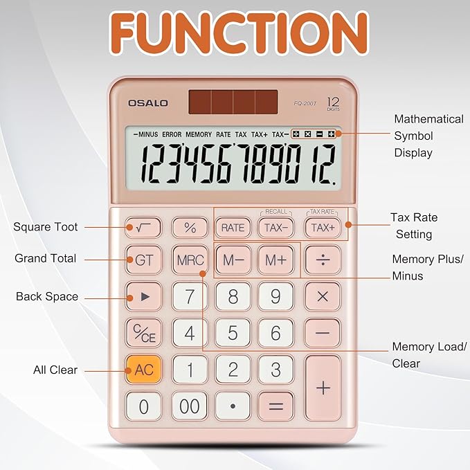 Pendancy Office Small Calculator Desktop with Tax+/- for Tax Calculation, 12 Digit Large LCD Display, Solar Battery Power, Durable Portable Design, Financial Accounting Business Home Use(OS-200T-Pink)-DeskLoop Office