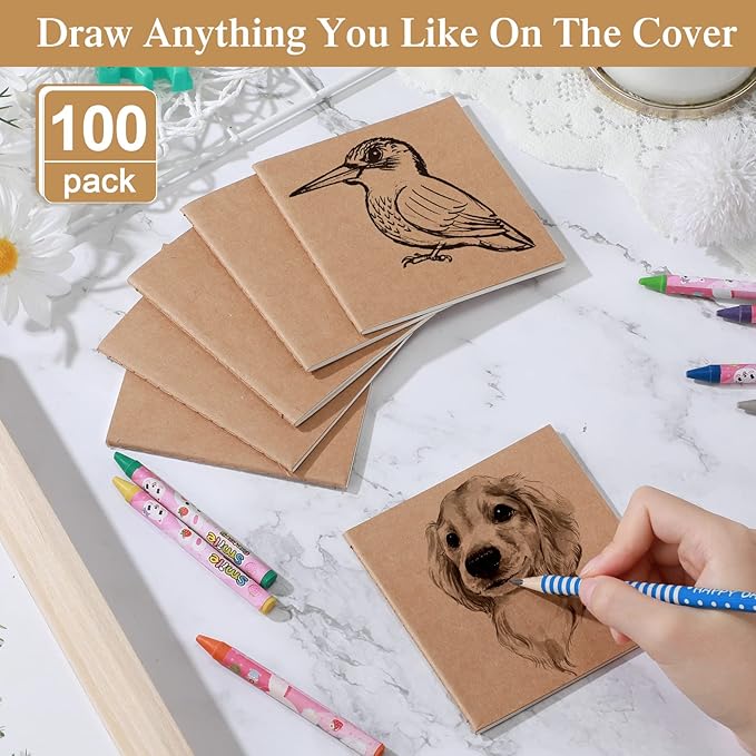 100 Pieces Mini Blank Notebook Bulk Set Small Kraft Paper Unlined Journals Pocket Journal for Kids Drawing Sketchbook Office Supplies 4 x 4 inch Small Sketchbooks with 24 Sheets (Blank Style)-DeskLoop Office