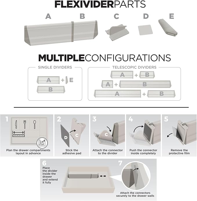 Practical Comfort FLEXIVIDER Aluminum Drawer Organizer - 9 Telescopic Dividers Set - Champagne-DeskLoop Office