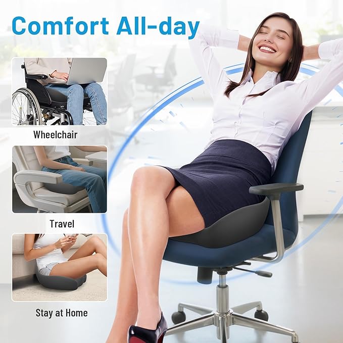 Seat Cushion, Memory Foam Office Chair Cushions, Ergonomic Curved Design for Sciatica, Tailbone, Coccyx, Seat Support for Car, Desk Chair, Wheelchair, Enhances Long Sitting Comfort (Grey)-DeskLoop Office