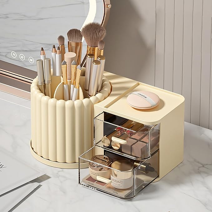 Anyoifax 360 Rotating Makeup Brush Holder 7 Slots Makeup Organizer with Drawer Removable Spinning Cosmetic Storage Pen Holder for Vanity, Dresser, Desk, Beige-DeskLoop Office