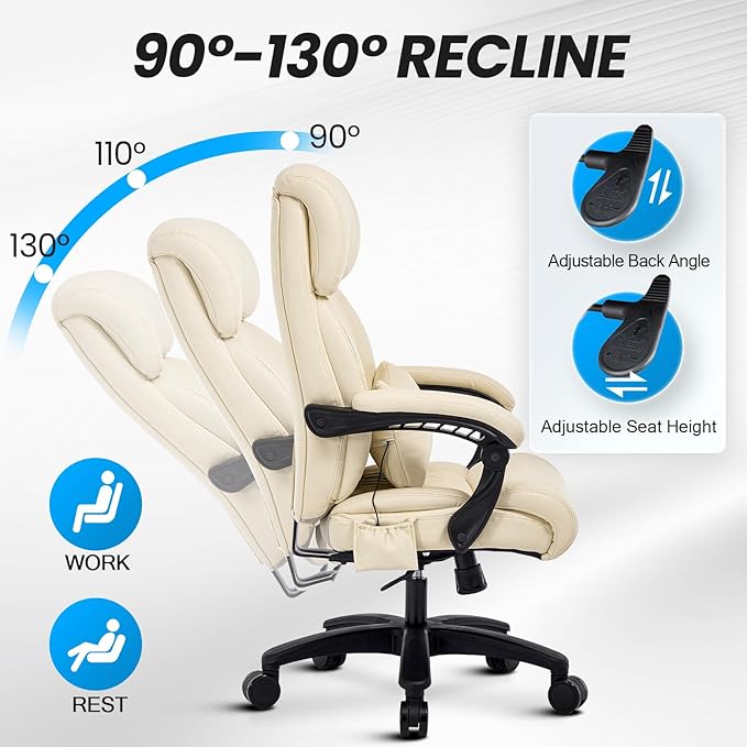 Lumbar Massage Office Chair, 500LBS Big and Tall Office Chair, Heavy Duty Ergonomic Executive Reclining Chair with High Back and Lumbar Support, Beige-DeskLoop Office