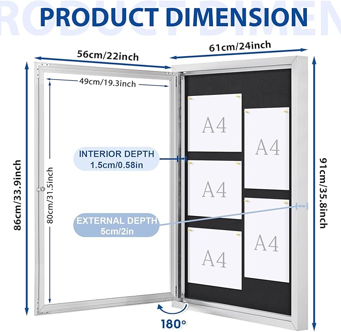 SWANCROWN Outdoor Bulletin Board Weatherproof 36x24in, Enclosed Bulletin Board with Locking Door Wall Display Case for Office School Commerce Show, Black Felt, Sliver Aluminum Frame-DeskLoop Office