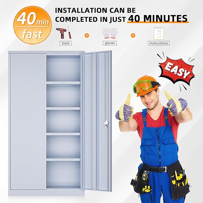 INTERGREAT Tall Metal Storage Cabinet Locking Steel with 4 Adjustable Shelves,72" Lockable Cabinets Lock 2 Doors for Office Garage Supply Home (Cement Gray)-DeskLoop Office