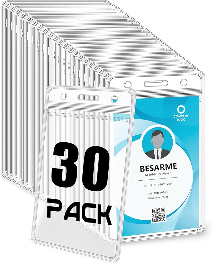 BESARME 30 Pack Vertical ID Badge Holders Clear Plastic Waterproof Card Holder by BESARME