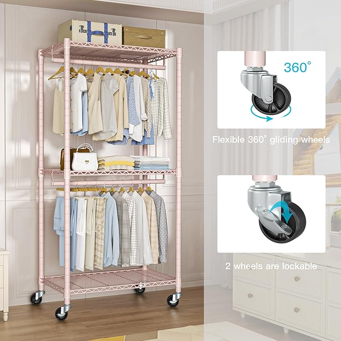 P1 Medium Heavy-Duty Portable Closet, 30" W x 14" D x 76" H, Metal Rolling Clothing Rack, Pink-DeskLoop Office