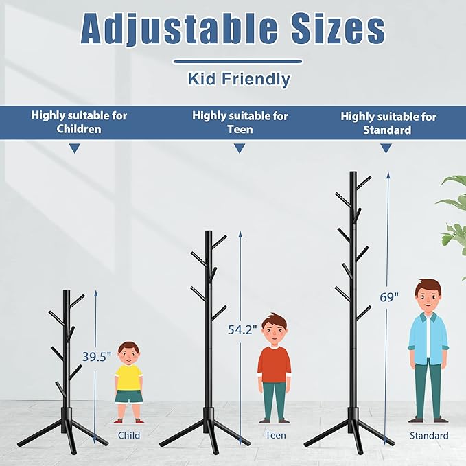 Haddockway Wooden Coat Rack Stand with 8 Hooks New Zealand Pine 3 Adjustable Coat Standing Tree Easy Assembly for Coats, Hats, Scarves and Handbags for Entryway, Hallway, Bedroom, Office,2 PCS-DeskLoop Office