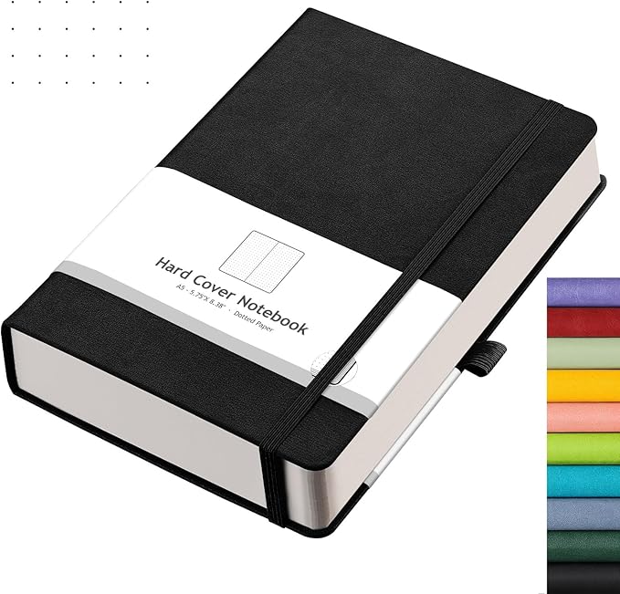 AHGXG Bullet Dotted Journal - 320 Numbered Pages Dot Grid Notebook A5 Thick Journal, 100gsm Thick Dotted Paper, Leather Hardcover,Inner Pocket, 5.75'' × 8.38'' - Black-DeskLoop Office