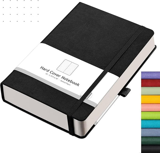 AHGXG Bullet Dotted Journal - 320 Numbered Pages Dot Grid Notebook A5 Thick Journal, 100gsm Thick Dotted Paper, Leather Hardcover,Inner Pocket, 5.75'' × 8.38'' - Black-DeskLoop Office