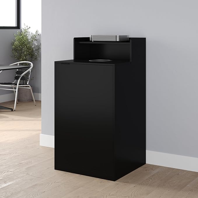 Flash Furniture Dell Trash Can Enclosure with Tray Shelf and 8" Drop Hole, Commercial Grade Trash Receptacle for 32 Gallon Round Cans, Swing Door Access, Black-DeskLoop Office