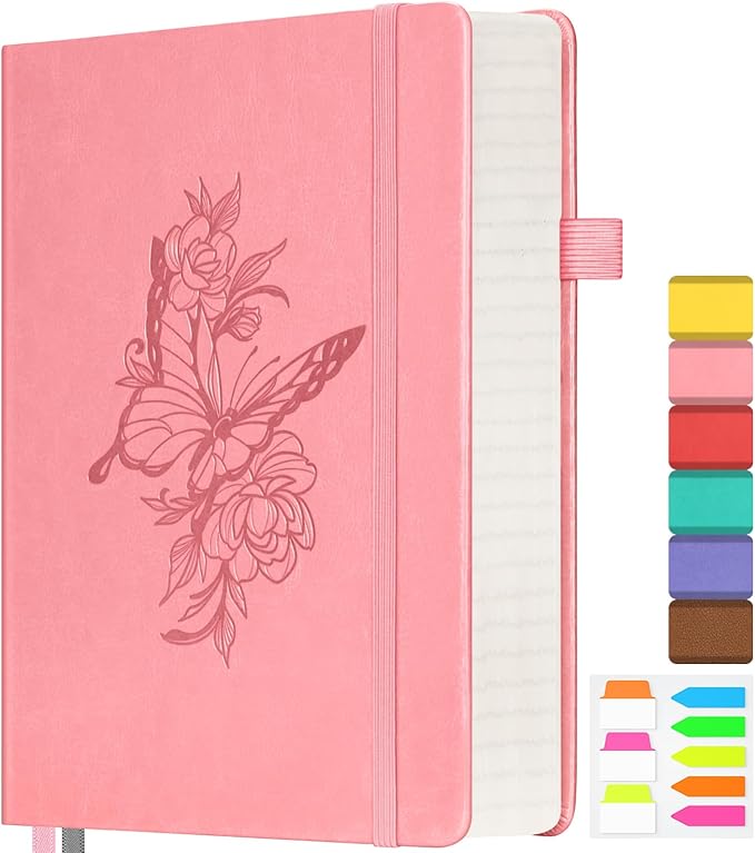 Lined Notebook Journal for Women, 312 Numbered Pages A5 Thick Leather Journal, 100gsm Paper Daily Journal for Work Travel, Hardcover College Ruled Notebook, Giftable Butterfly Floral Notebook, Pink-DeskLoop Office