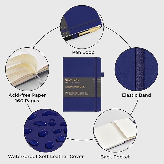 A5 Lined Leather Journal and Pen Set, Hardcover Notebook with Pen, 160 Pages 100gsm Thick Ruled Paper for for Women Men Work Business School or Home Writing, 5.7'' x 8'' (Royal Blue)-DeskLoop Office