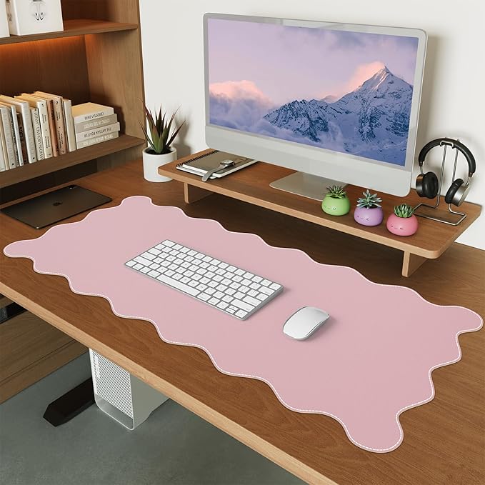 iCasso Pink Leather Desk Mat, Extra Large Scalloped Mouse Pad by iCasso