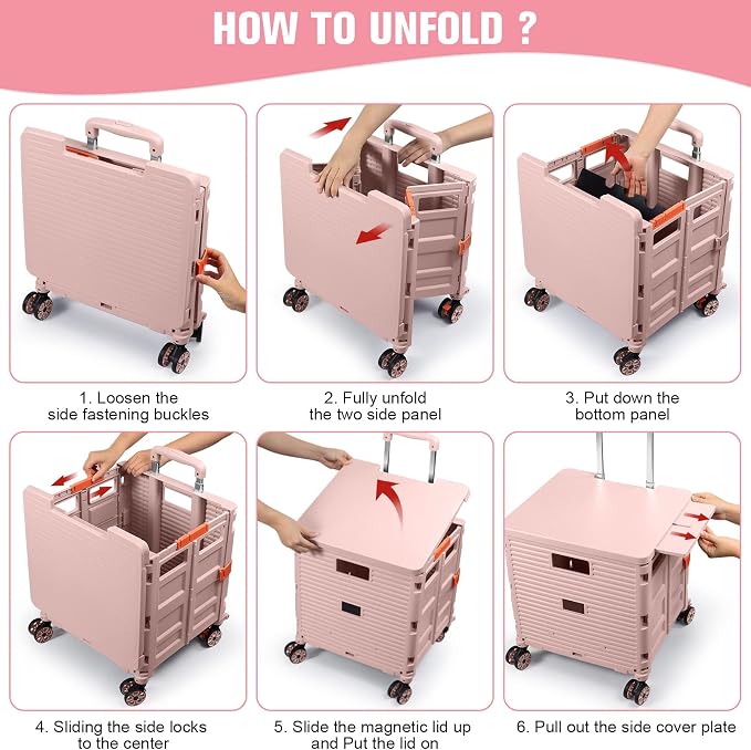 FELICON SELORSS Folding Utility Cart Portable Rolling Crate Handcart-Pink | - Image 5