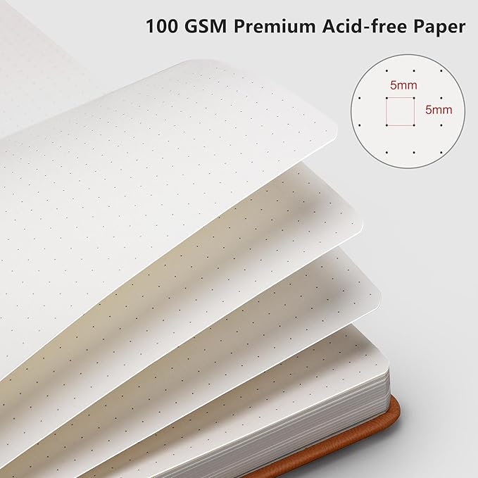 RETTACY Bullet Dotted Journal Notebook, 192 Pages, A5 Medium Size (5.7'' x 8.3''), Leather Hardcover, 100 GSM Thick Paper, for Bullet Journaling, Planning, Tracking (Brown)-DeskLoop Office