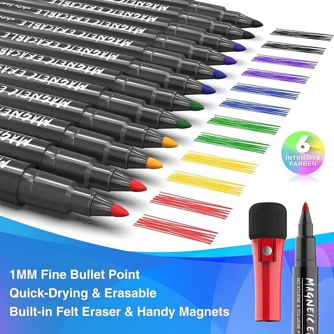 Magnetic Dry Erase Markers Fine: 12 Count 6 Colors Erasable Whiteboard Markers - Image 2