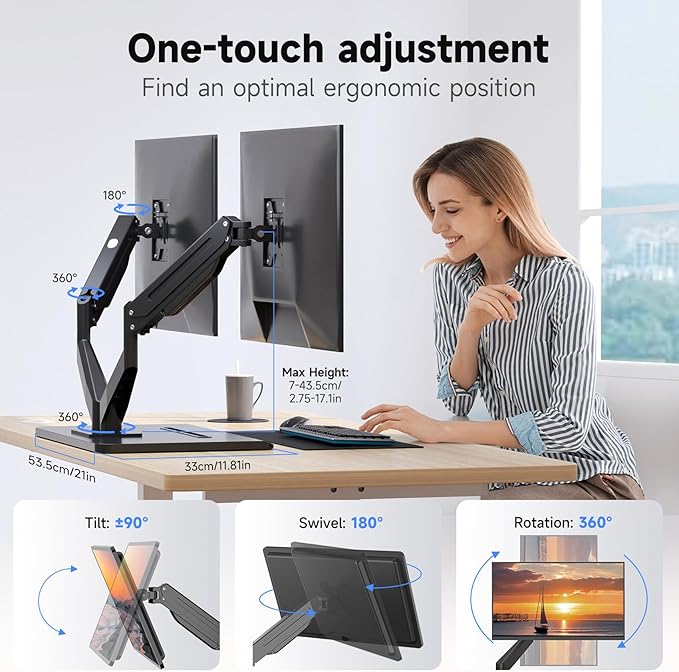 suptek Dual Monitor Mount Gas Spring Monitor Arm Desk Stand with Base,Free Standing Pneumatic Height Adjustable Monitor Stand for 17 to 32 inch,Holds up to 22 lbs,Black(ML8SP)-DeskLoop Office