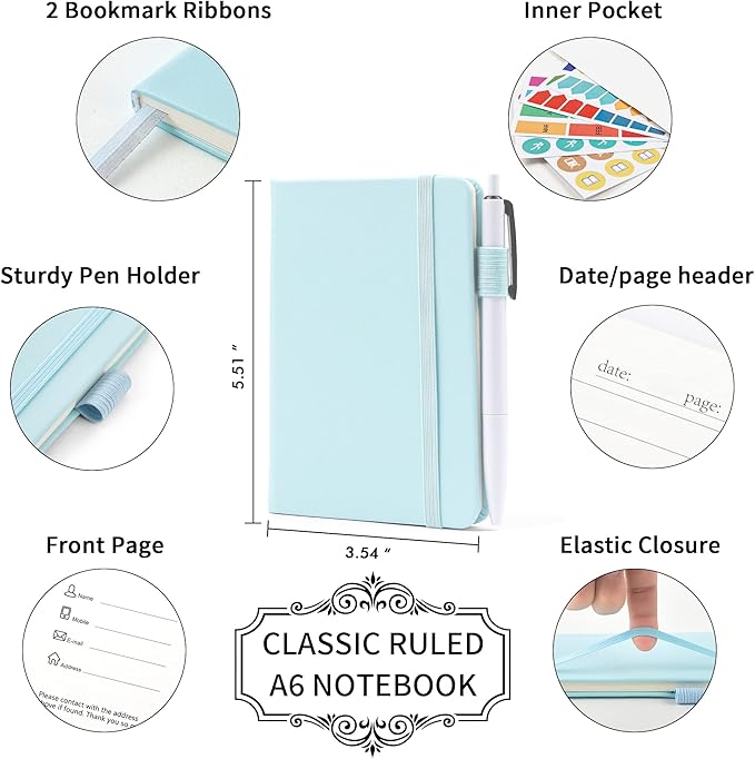 feela 15 Pack Pocket Small Notebooks Bulk, Mini Cute Memo Notepads Hardcover College Ruled Lined Journals with Pen Holder for Women Girls Office School, with 15 Black Pens, 3.5”x 5.5”, A6, Sky Blue-DeskLoop Office