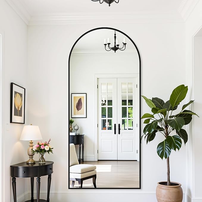 Full Length Mirror, 71"x28" Oversized Floor Mirror Freestanding, Full Body Mirror Floor Standing Mirrors with Stand, Hanging Mounted Mirrors for Bedroom Living Room, Black, Arched Style-DeskLoop Office