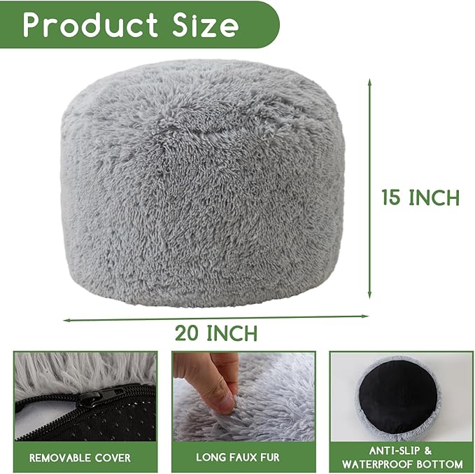 HIGOGOGO Round Stuffed Pouf Ottoman, Long Faux Fur Poufs with Foam Chunk Filling, Fluffy and Furry Pouf Foot Stool Storage Ottoman, 20 X 15 Floor Poufs Foot Rest for Living Room, Grey-DeskLoop Office