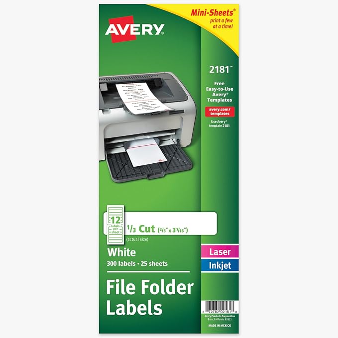 Avery Printable Mini-Sheets File Folder Labels, 2/3" x 3-7/16", Matte White by Avery