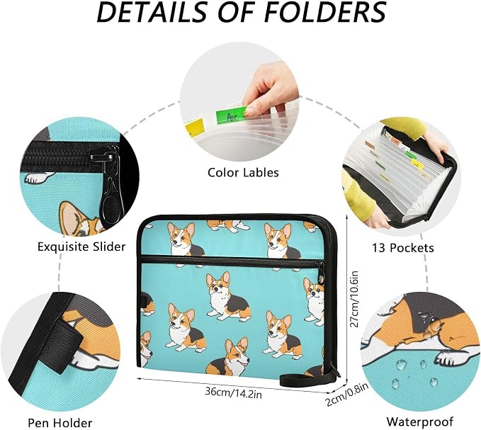 Expanding File Folder Corgis Dog Blue Accordion File Organizer 13 Pockets - Image 4