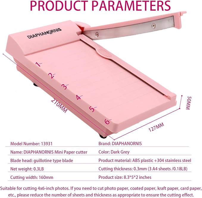 Guillotine Paper Trimmer, Mini Compact Paper Cutter, 1/4-Inch Grid for Precision Cutting, Straight Cuts Up to 3 Sheets, Perfect for Photos,Coupons,Card Making and Small Craft Projects (Pink)-DeskLoop Office
