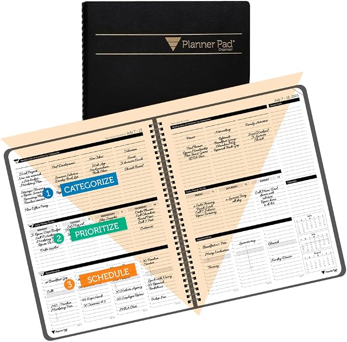 Planner Pad Spiral Bound 3-Tier Funnel Down 12 Month Organizer, July 2025 – by PlannerPad