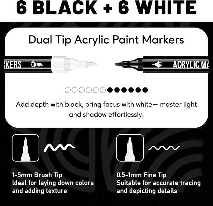 Pagather Black and White Acrylic Paint Markers, 12 Pack Dual Tip - Image 2