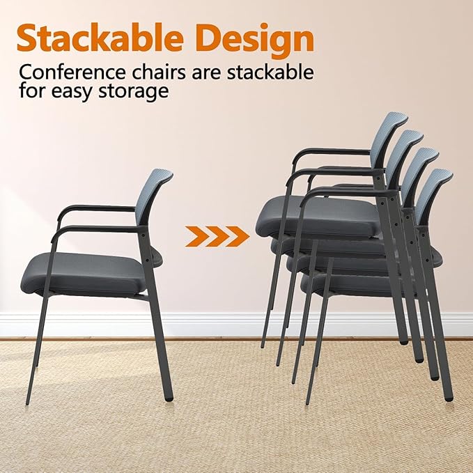 CLATINA Mesh Back Stacking Arm Chairs with Upholstered Fabric Seat and Ergonomic Lumbar Support for Office School Church Guest Reception Grey (Gray-8 Pack)-DeskLoop Office