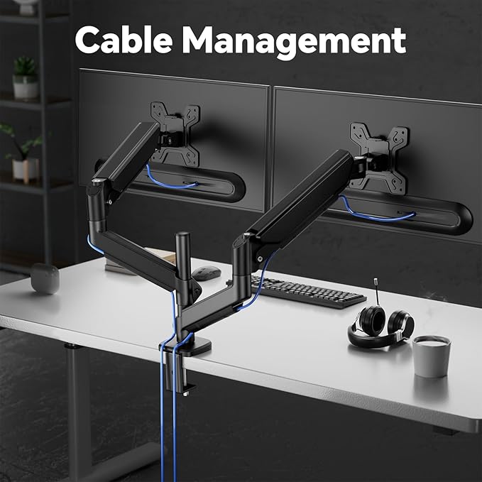 Simple Trending Dual Monitor Stand, Full Adjustable Monitor Mount, Gas Spring Monitors Arm for 13-32 inch Computer, VESA Mount with C-clamp & Grommet Mounting Holds Max 20 lbs Each, Freelift Black-DeskLoop Office