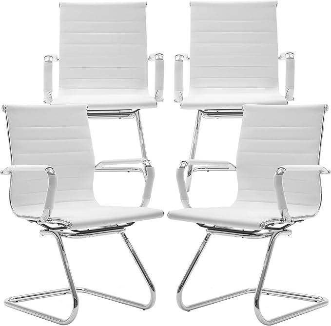 White Office Desk Chair No Wheels Set of 4 PU Leather Computer Chairs Mid Back Guest Chairs for School Reception Conference Waiting Room, White-DeskLoop Office
