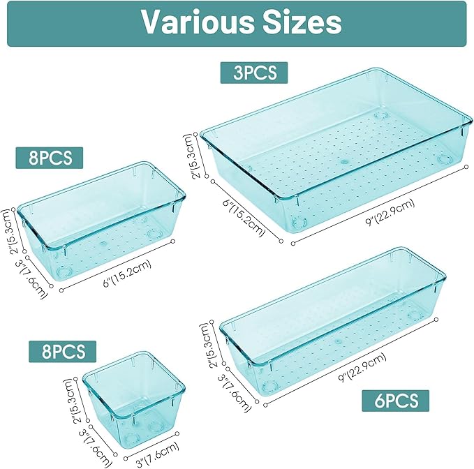 WOWBOX 25 PCS Plastic Drawer Organizer Set, 4 Sizes Desk Drawer Divider Organizers and Storage Bins for Makeup, Jewelry, Gadgets for Kitchen, Bedroom, Bathroom, Office, Sea Blue-DeskLoop Office