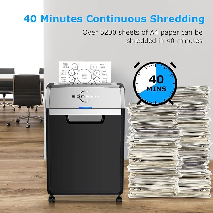 BONSEN Heavy Duty Paper Shredder, 24-Sheet Cross-Cut Shredder, 40-Min Continuous Running Time, Commercial Grade Shredder for Office, 9-Gallon Big Basket, 55dB Super Quiet, P-4 High Security (S3105)-DeskLoop Office