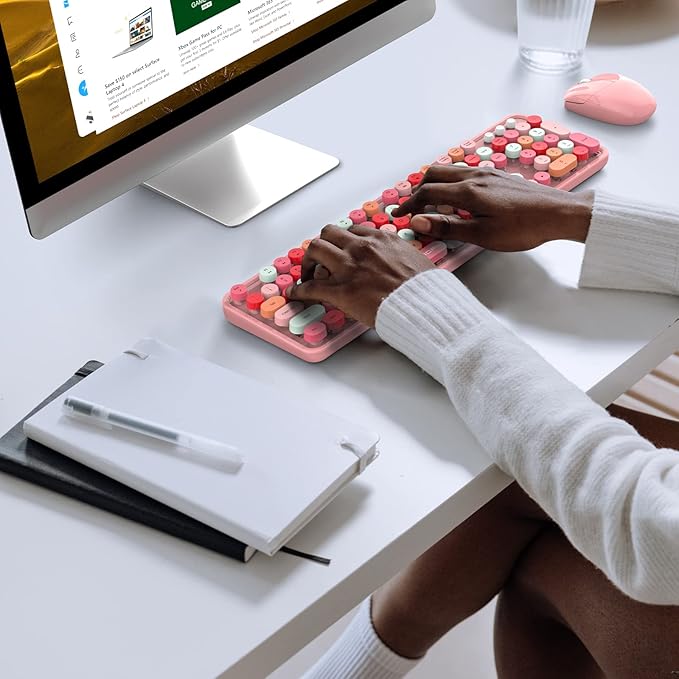 MOFII Wireless Keyboard and Mouse, Pink Colorful Round Key Retro Typewriter Keyboards, USB Wireless 2.4G Full Size Keyboard and Cute Mice Combo for Computer, Laptop, PC, Chromebook, Smart TV-DeskLoop Office