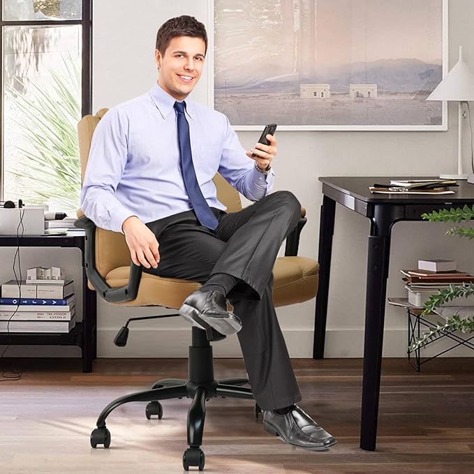 CLATINA Brown Office Computer Chair PU Leather Executive Office Chair Swivel Adjustable Height Chairs with Upholstery Fixed armrest Mid-Back Leather Thick Cushion Office Chairs Brown 2Pack-DeskLoop Office