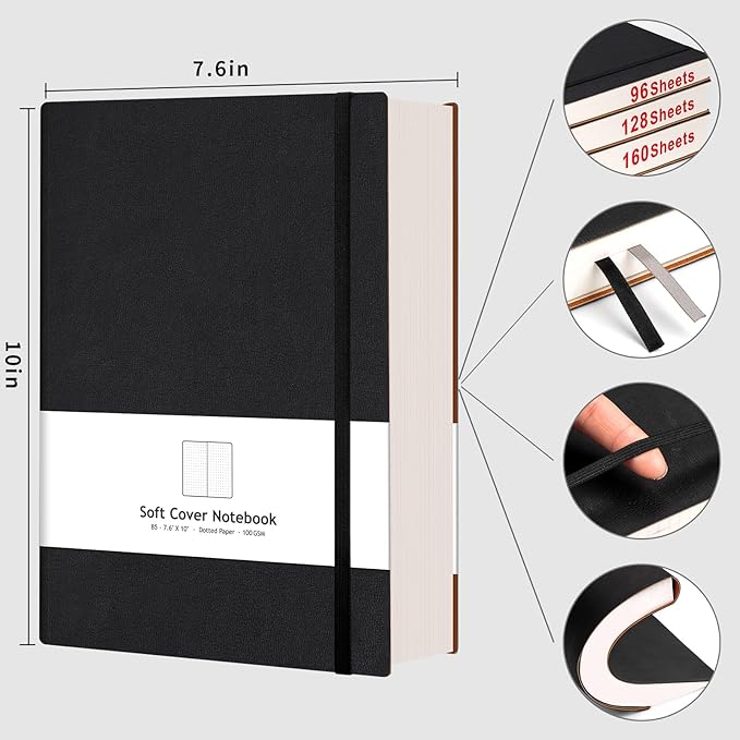 AHGXG Bullet Dotted Journal - 320 Pages Dot Grid Notebook B5 Large Journal, 100gsm Thick Dotted Paper, Leather Softcover, with Journal Stencils, Inner Pocket, 7.6'' X 10'' - Black-DeskLoop Office