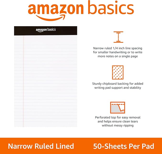 Amazon Basics Narrow Ruled Lined Writing Note Pad, 5 inch x 8 inch, White, 12 Count (12 Pack of 50 pages)-DeskLoop Office