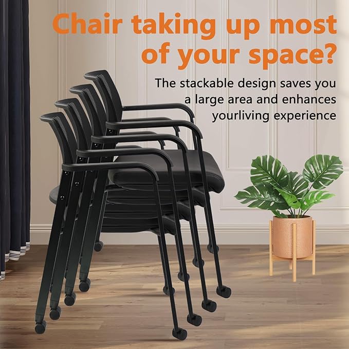 CLATINA Stacking Office Chair with Wheels, Mesh Back Waiting Room Guest Chairs with Arms Comfortable Leather Cushion Stackable Desk Chair for Conference Reception School Side Stationary, Black, 4PK-DeskLoop Office