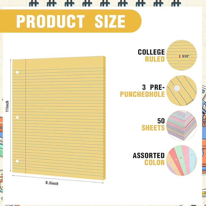 PerKoop 400 Sheets Colored Loose Leaf Paper 8.5" x 11" college ruled Lined 3 Hole Punched notebook Filler Paper for 3 Ring Binders Office School Supplies (Candy Colors)-DeskLoop Office