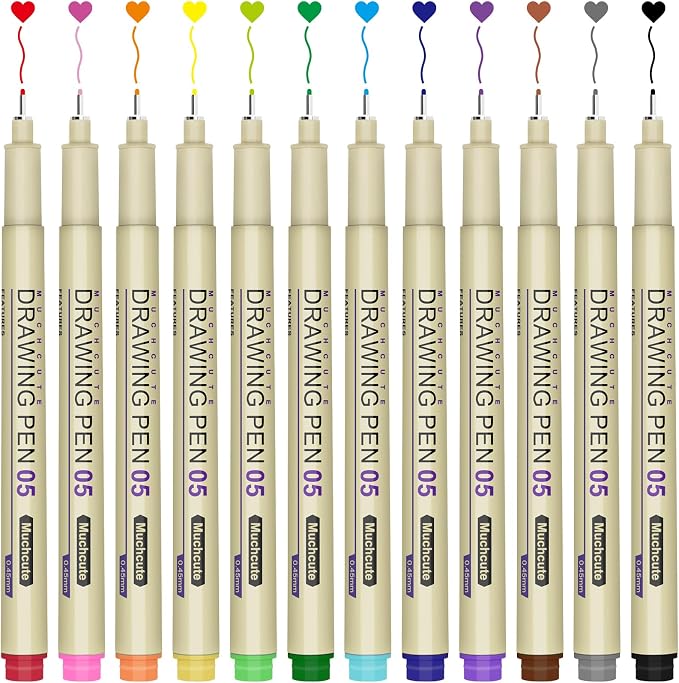 Muchcute 05 Micro Fineliner Drawing Art Pens: 12 Colors 0.45mm Extra Fine Point by Muchcute