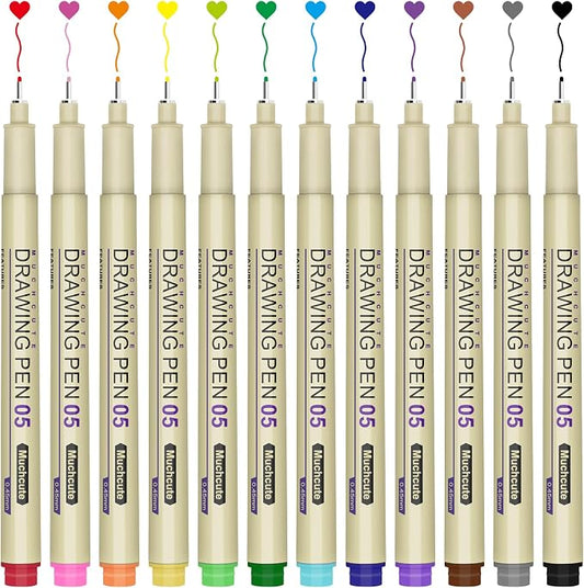Muchcute 05 Micro Fineliner Drawing Art Pens: 12 Colors 0.45mm Extra Fine Point by Muchcute